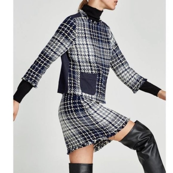 Zara Tweed Skirt Raw Hem Fringe Mini Skirt Black White Gray Plaid Size XS - Picture 3 of 14